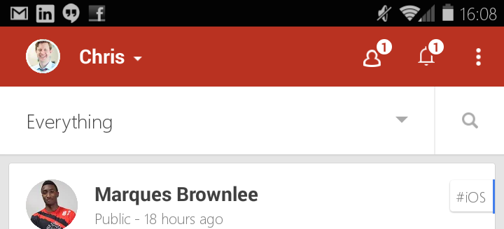 Google plus replaces the hamburger icon with an everything menu